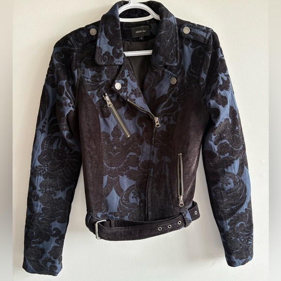 Geisha Denim Damask Moto Jacket Size S Blue Black Belted Biker Jacket - Picture 5 of 10